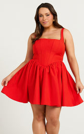 Aimee Mini Dress - Scoop Neck Corset Gathered Dress in Red